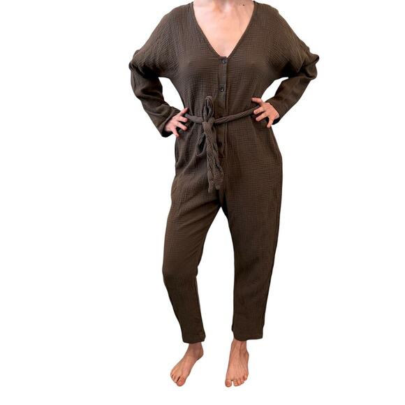 Stillwater Pants - Stillwater Gauzy Boho Waffle Knit Romper Jumpsuit Dolman Sleeve Chocolate MED